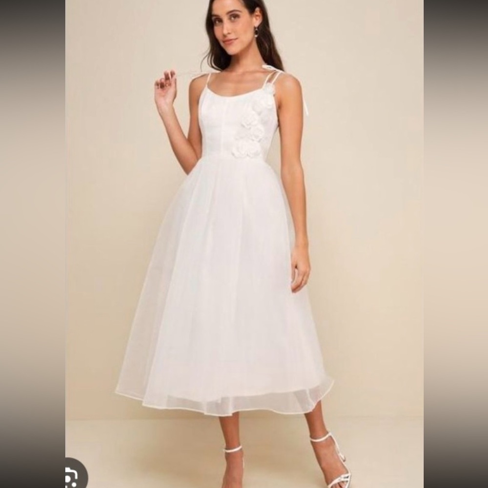 Intentionally Darling White Organza Tie-Strap Rosette Midi Dress